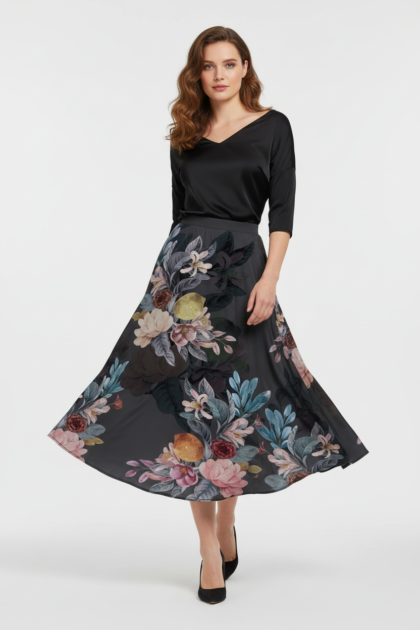 Jupe midi imprimée taille élastique noire avec motif floral artistique rose jaune bordeaux - vue de face complète avec jambe avant créant flux naturel du tissu montrant taille élastique motif floral artistique silhouette A-line fluide et longueur midi intégrale - BLACK-COAT