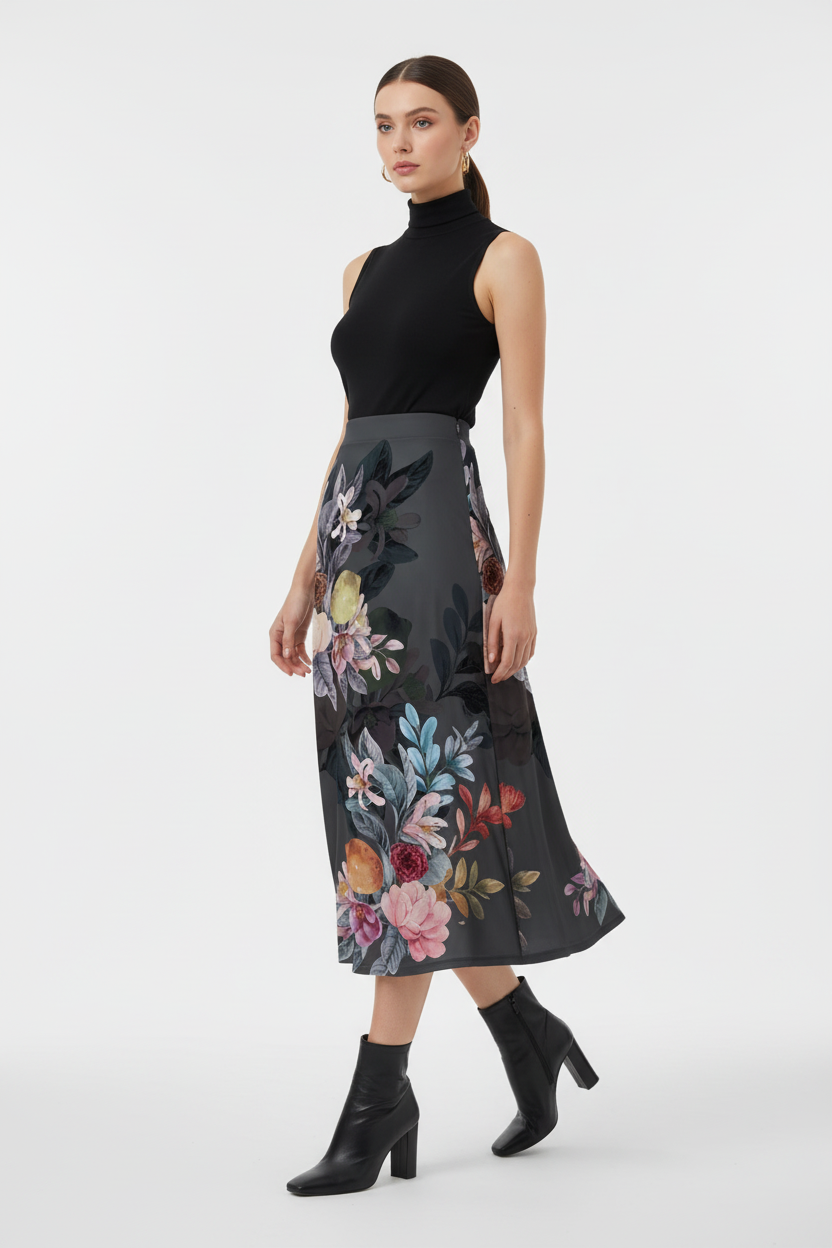Jupe midi imprimée taille élastique noire avec motif floral artistique rose jaune bordeaux - vue frontale-latérale capturant la marche dynamique avec tissu floral et longueur midi en mouvement gracieux style élégant - BLACK-COAT