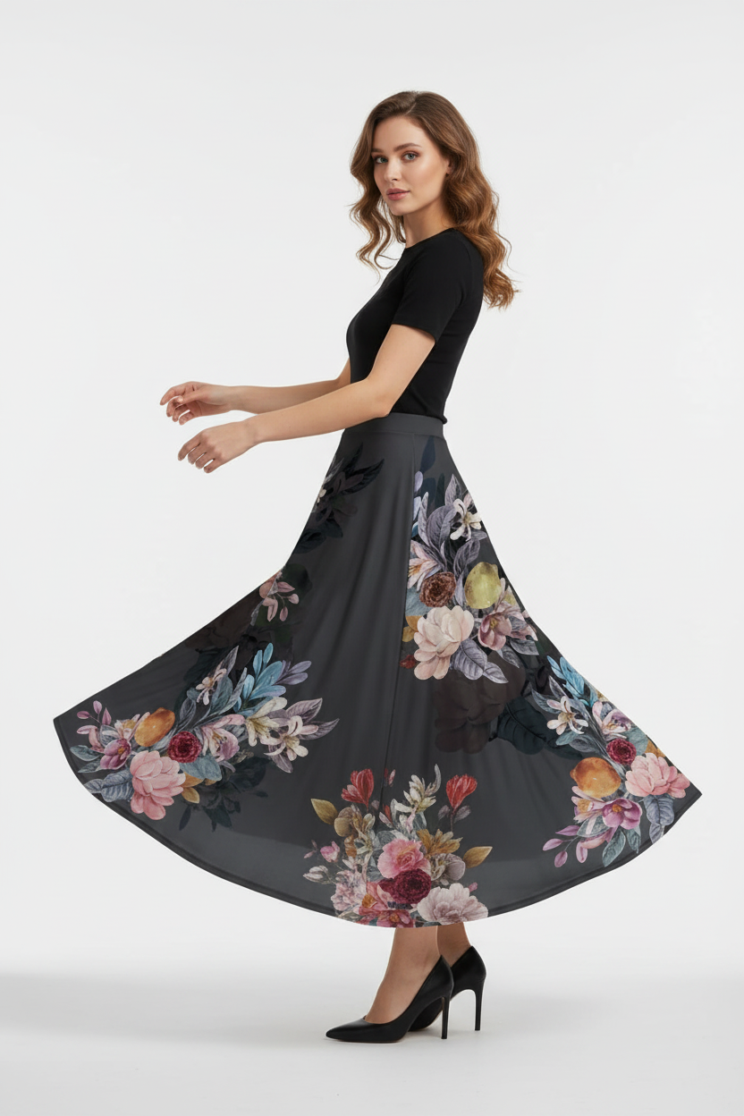 Jupe midi imprimée taille élastique noire avec motif floral artistique rose jaune bordeaux - vue de profil opposé avec bras légèrement étendus montrant silhouette complète motif floral et longueur midi élégante - BLACK-COAT