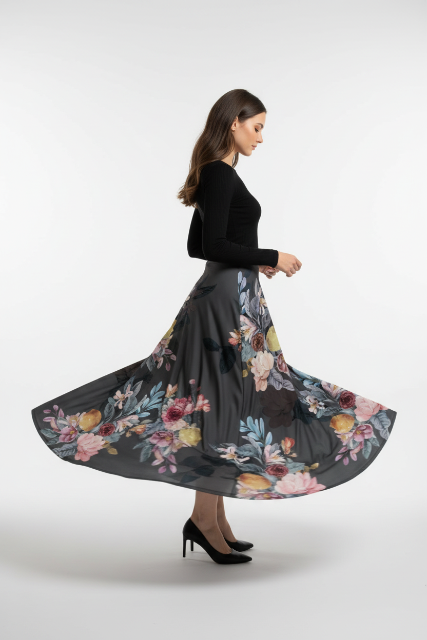 Jupe midi imprimée taille élastique noire avec motif floral artistique rose jaune bordeaux - vue de profil latéral capturant le mouvement de rotation dynamique avec tissu floral fluide et jupe midi tourbillonnant gracieusement - BLACK-COAT