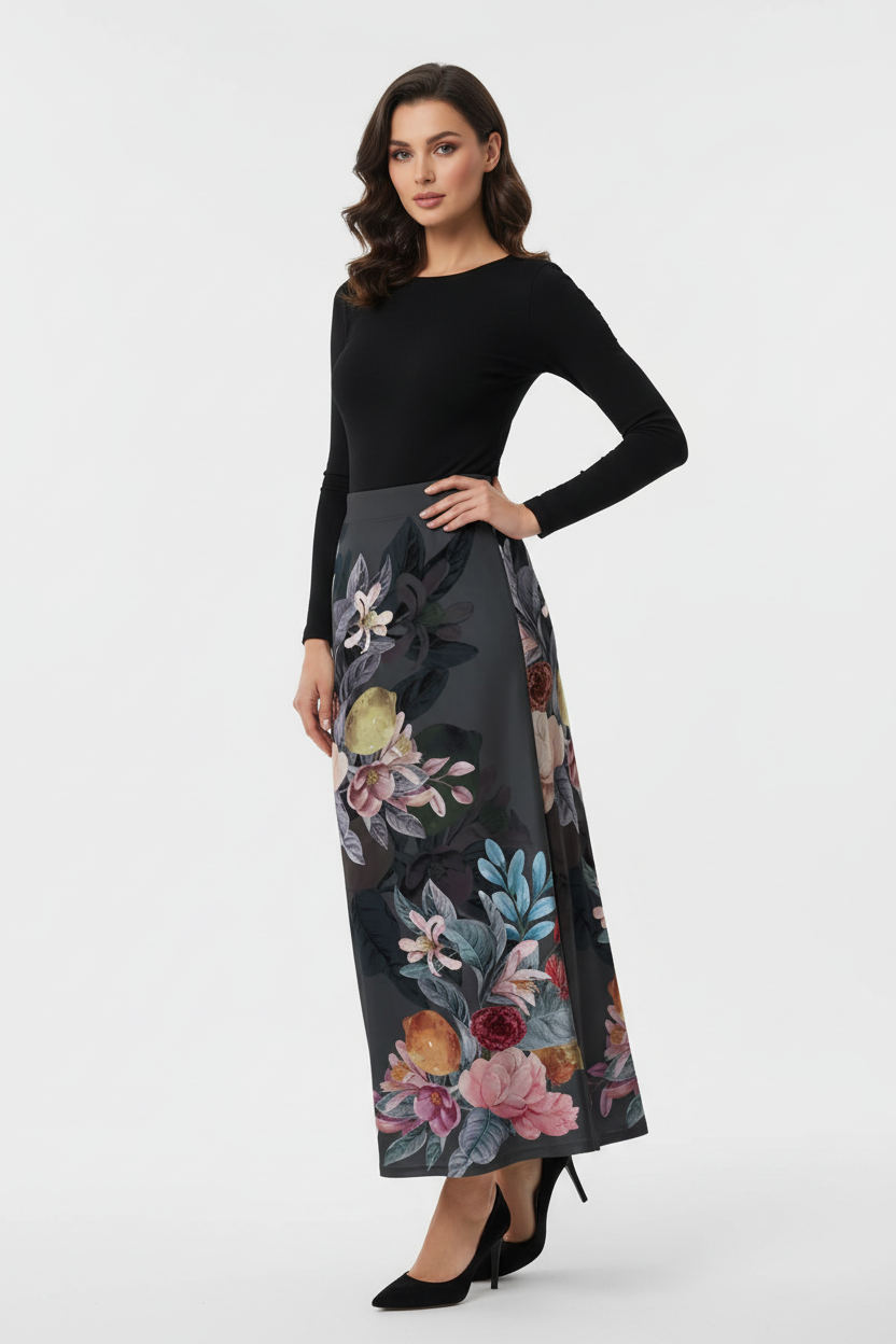 Jupe midi imprimée taille élastique noire avec motif floral artistique rose jaune bordeaux - vue trois-quarts avec pose main sur hanche mettant en valeur la taille élastique motif floral artistique et silhouette midi fluide - BLACK-COAT