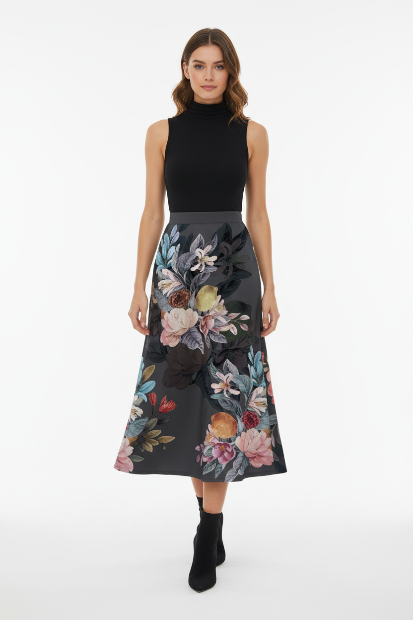 Jupe midi imprimée taille élastique noire avec motif floral artistique rose jaune bordeaux - vue de face montrant mannequin en mouvement de marche naturelle avec taille élastique confortable silhouette A-line fluide et longueur midi - BLACK0COAT