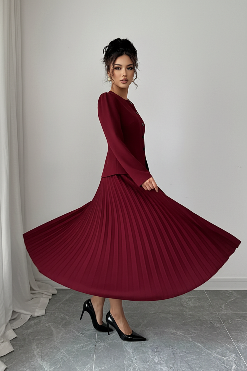 Jupe midi plissée bordeaux en mouvement montrant les plis permanents fluides en twirl, la coupe élégante et le style intemporel sophistiqué - BLACK-COAT
