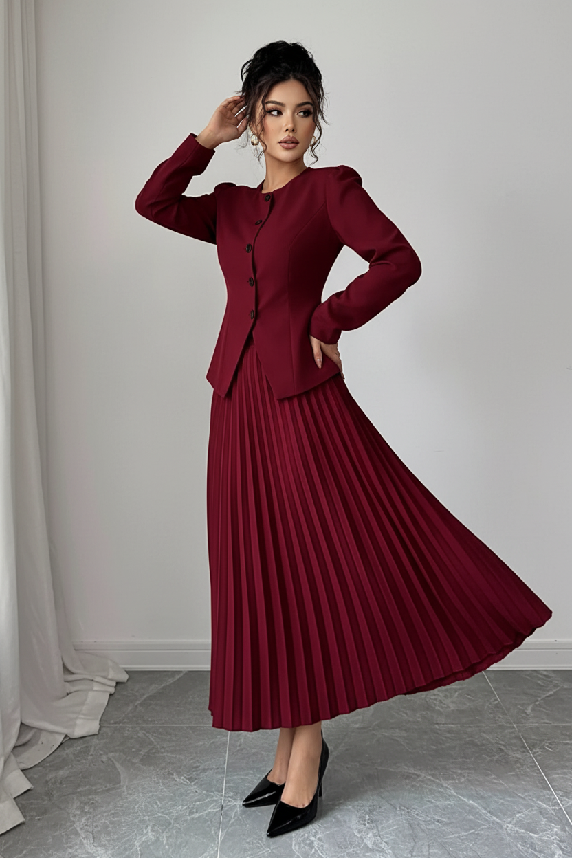 Jupe midi plissée bordeaux plis permanents vue trois-quarts montrant l'ensemble du design élégant avec détails des plis structurés et taille haute - BLACK-COAT