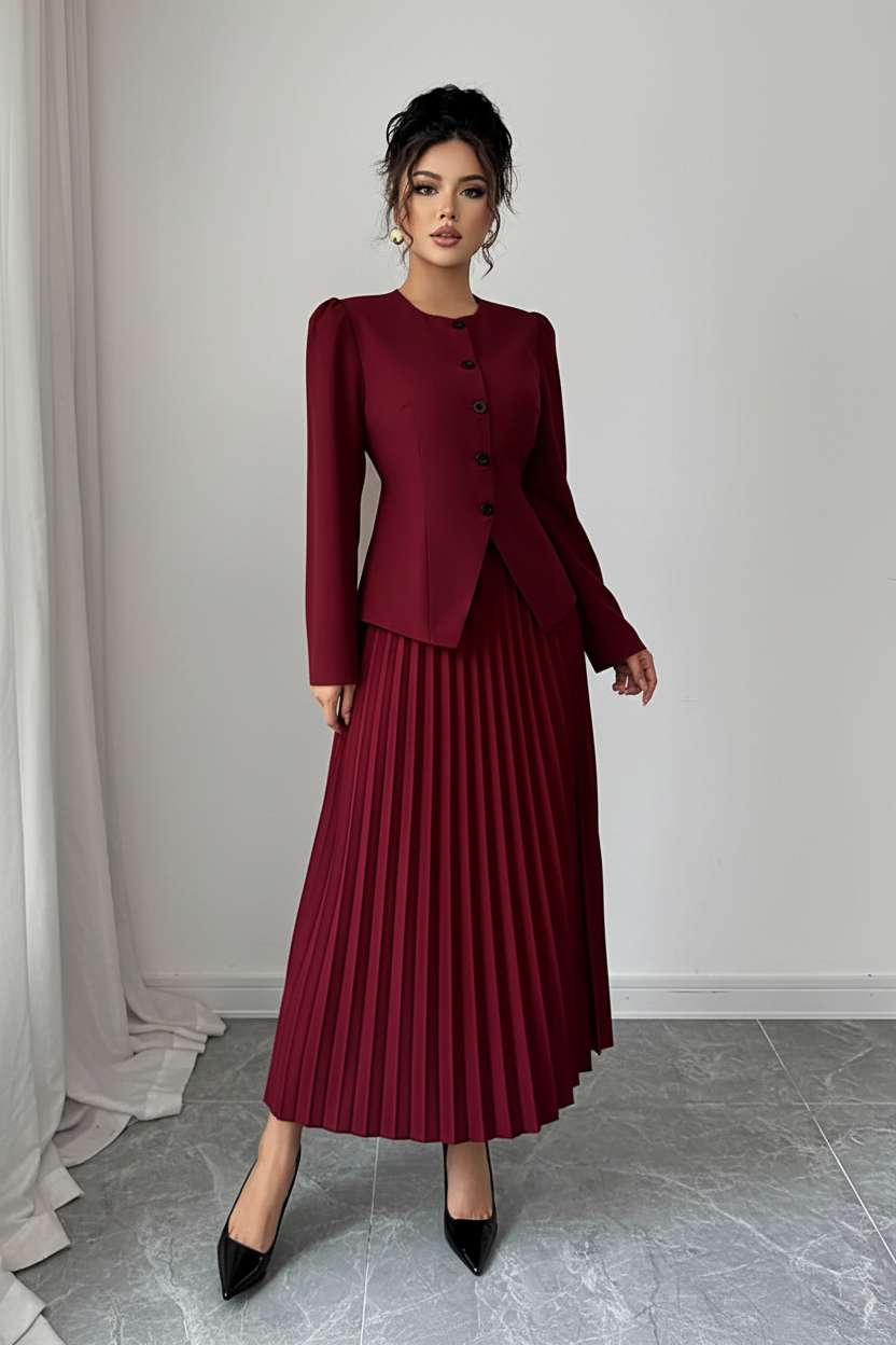 Jupe midi plissée bordeaux taille haute plis permanents vue de face complète montrant l'ensemble élégant avec veste assortie, les plis structurés impeccables et le style sophistiqué intemporel - BLACK-COAT