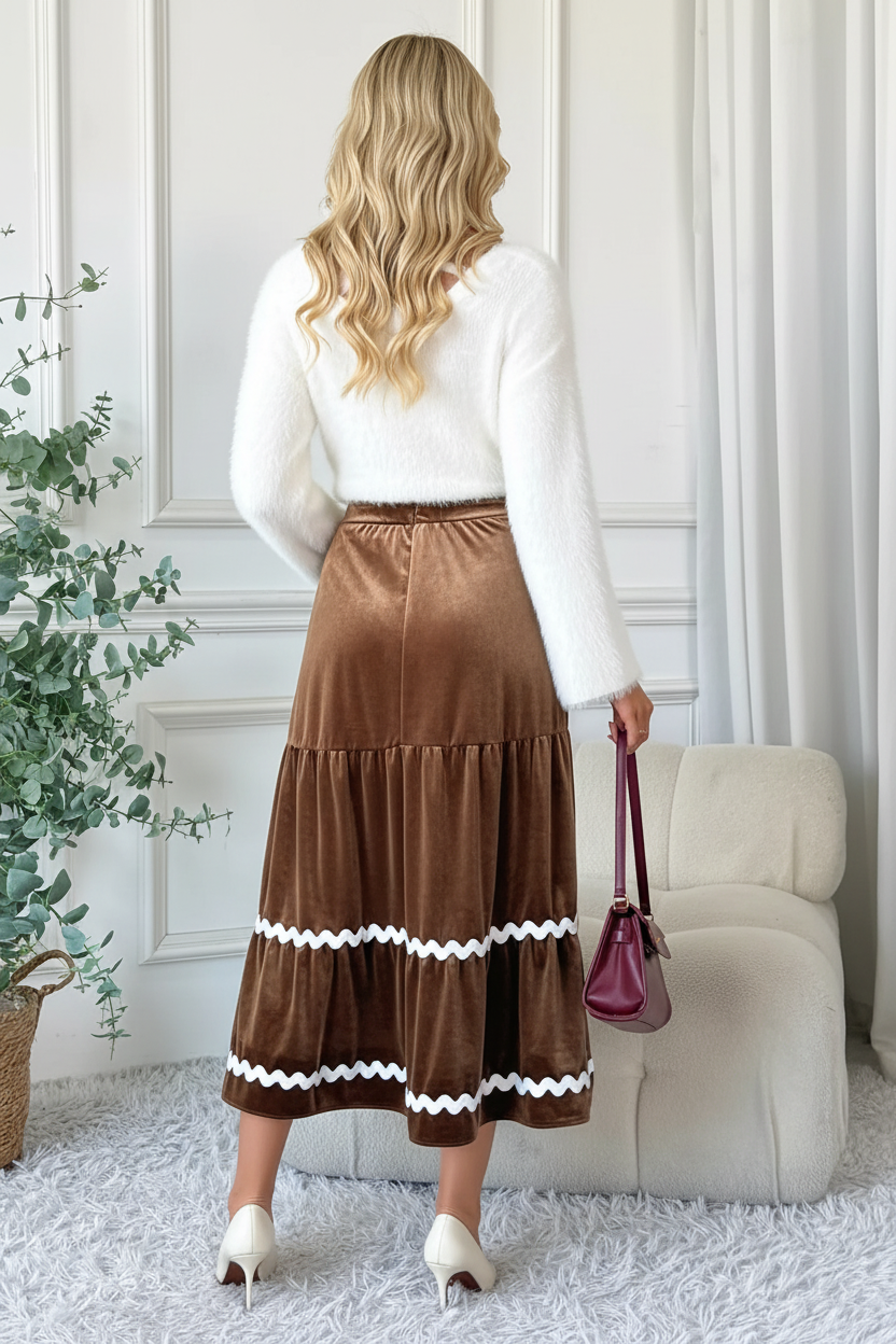 Jupe midi velours à volants étagés marron vue de dos montrant la longueur midi sophistiquée, les volants superposés et la texture velours luxueuse - BLACK-COAT