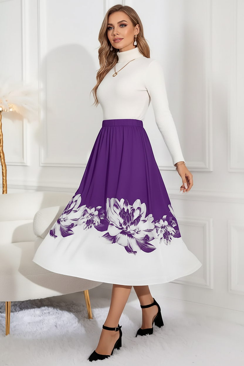 Jupe midi ligne A imprimé floral violette - vue frontale-latérale capturant la marche dynamique avec silhouette A-line s'évasant gracieusement et bordure florale blanche en mouvement style féminin - BLACK-COAT