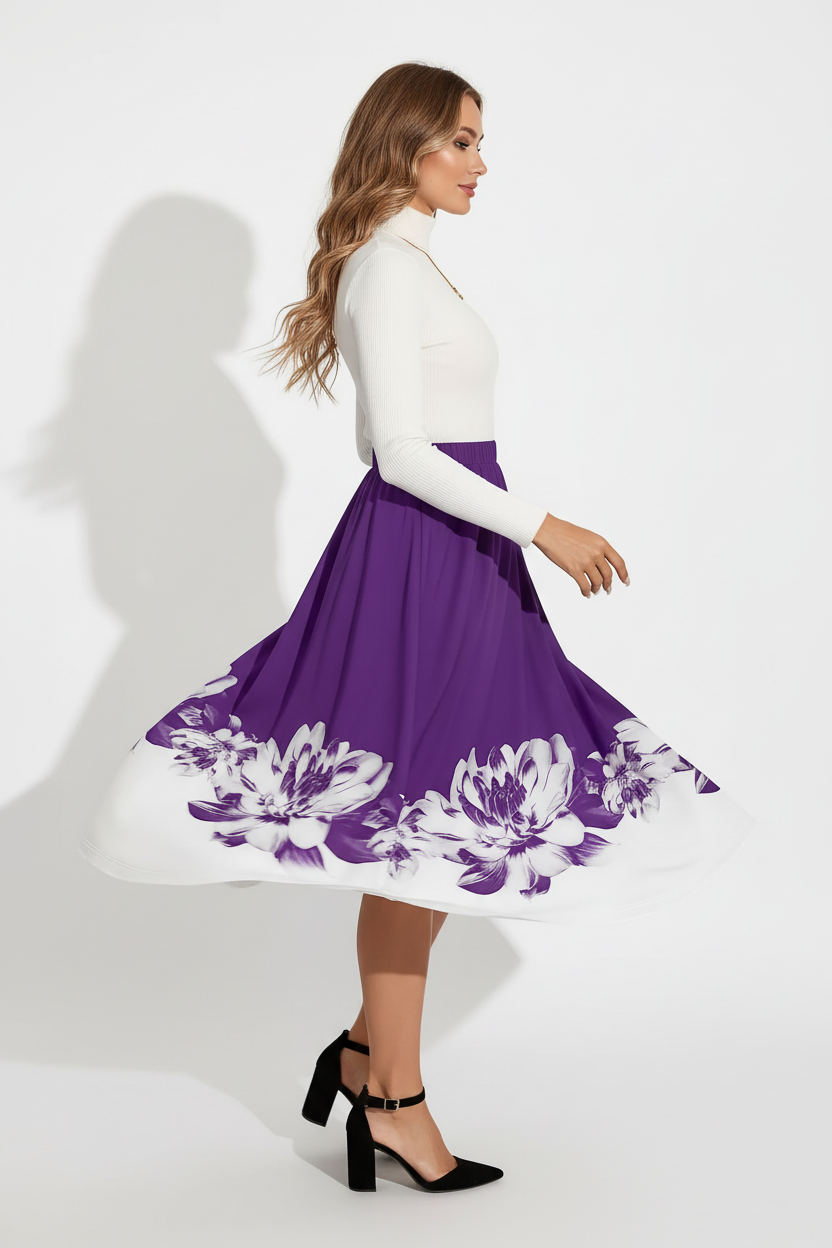 Jupe midi ligne A imprimé floral violette - vue de profil latéral capturant le mouvement de rotation dynamique avec silhouette A-line s'évasant gracieusement et motif floral blanc à l'ourlet créant contraste magnifique - BLACK-COAT