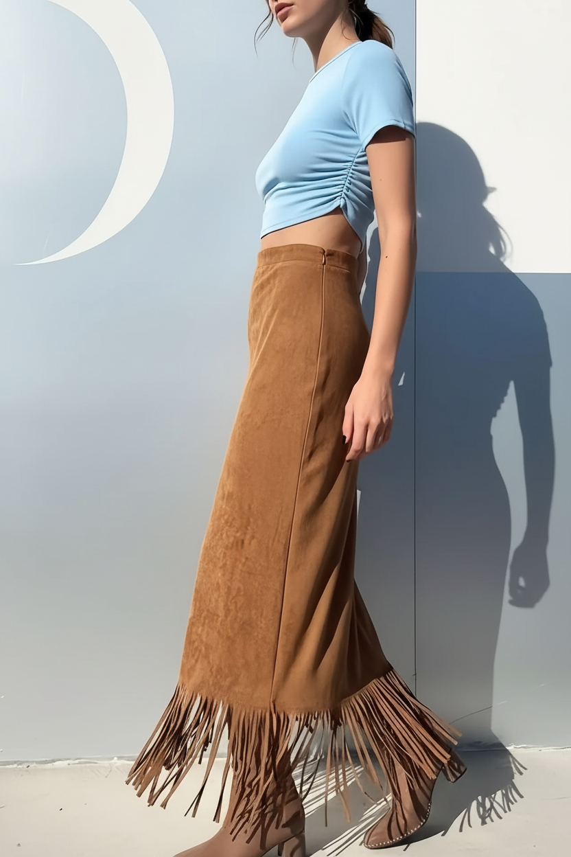 "Jupe midi velours camel avec franges - vue de profil latéral montrant la silhouette fluide de la jupe velours camel, le mouvement des franges décoratives à l'ourlet, texture velours riche visible, mannequin en crop top bleu, fond blanc studio BLACK-COAT"