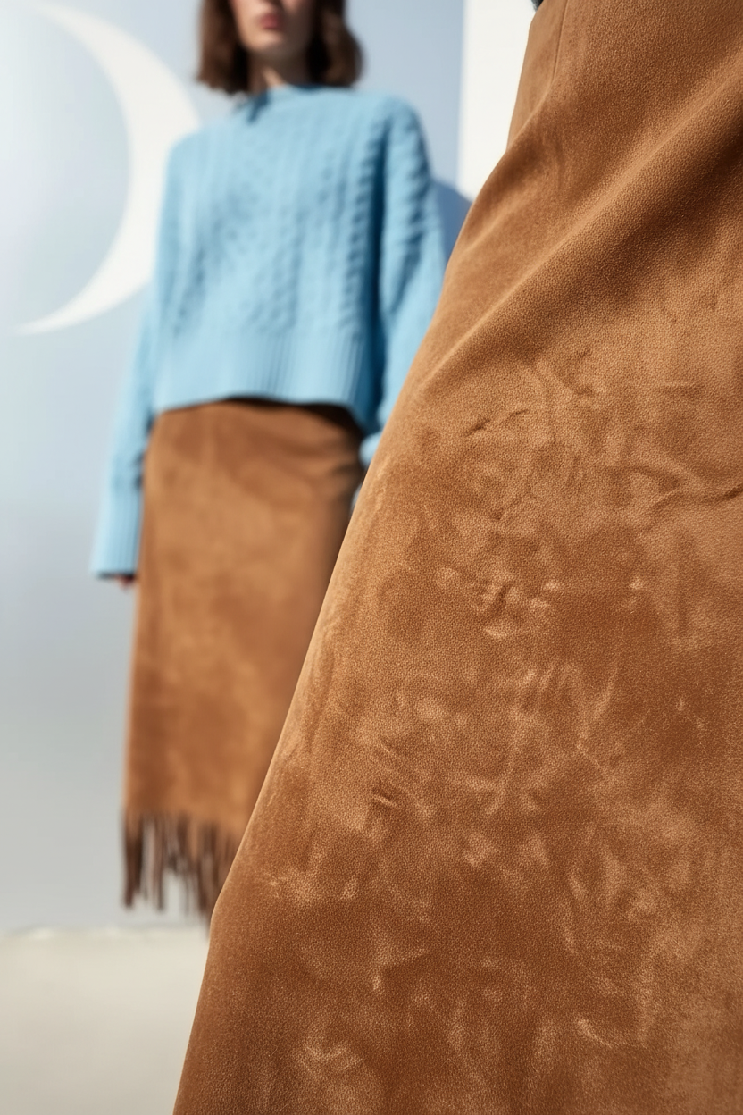 Jupe midi velours camel avec franges - gros plan macro texture montrant le tissu velours camel riche et luxueux, surface douce et soyeuse, profondeur de couleur camel beige, qualité premium du velours, détail matière BLACK-COAT"