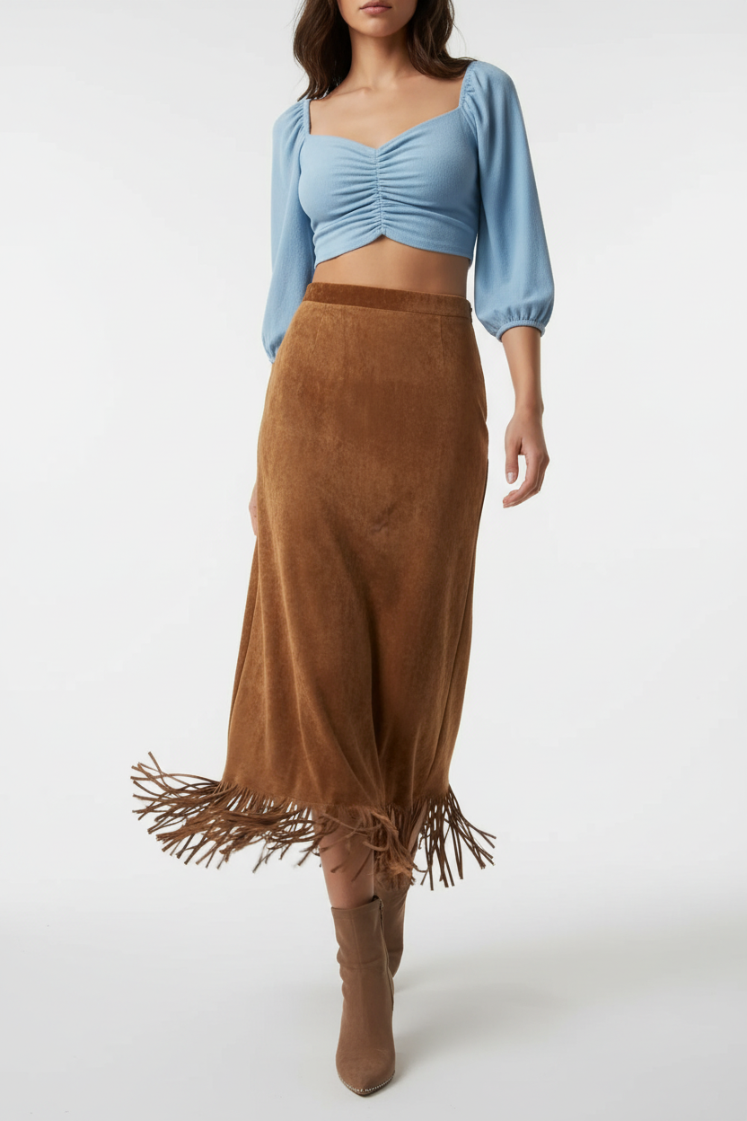 Jupe midi velours camel avec franges - en marche mouvement naturel montrant la jupe velours camel portée en mouvement, les franges décoratives marron qui bougent naturellement, silhouette dynamique, texture velours fluide, mannequin en crop top bleu ciel