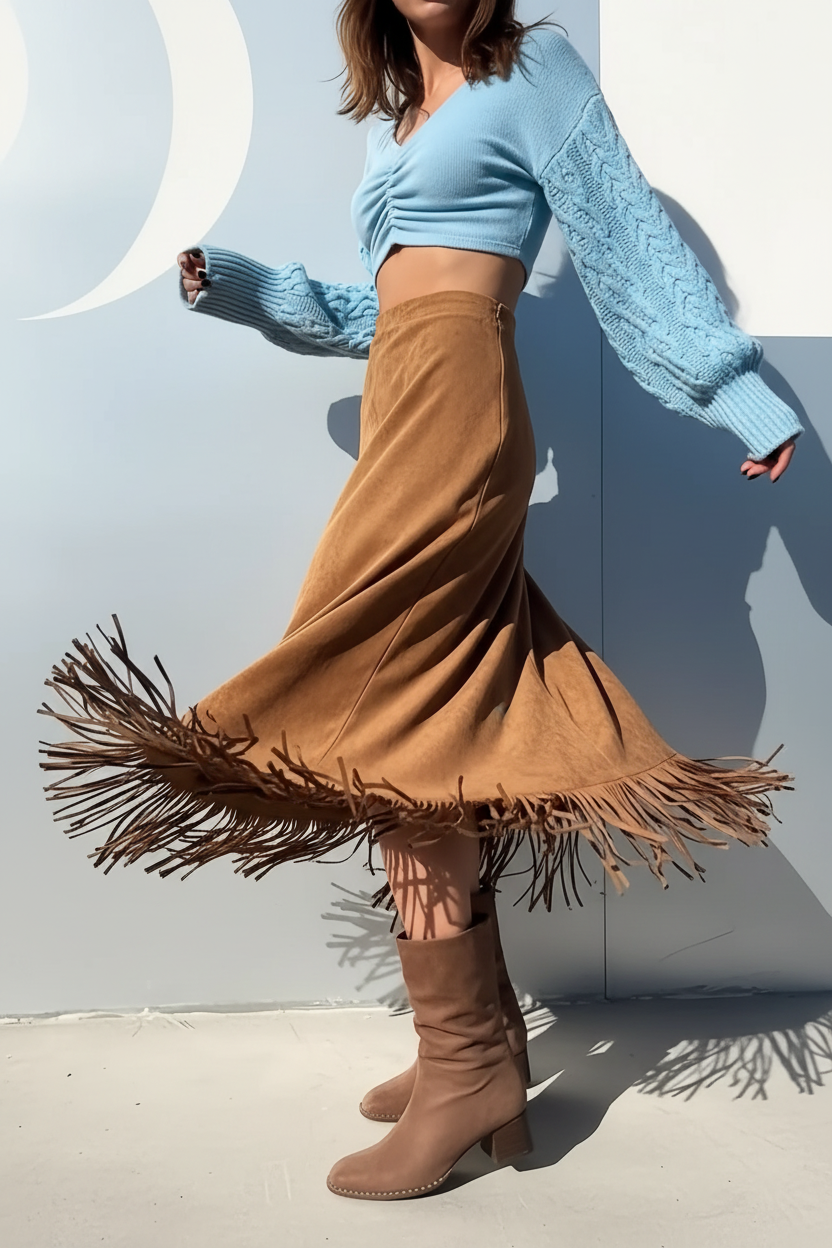 Jupe midi velours camel avec franges - en mouvement twirl montrant le tissu velours fluide qui tourne, les franges décoratives marron en mouvement dynamique, texture velours camel riche, mannequin en crop top bleu ciel, fond blanc studio BLACK-COAT"