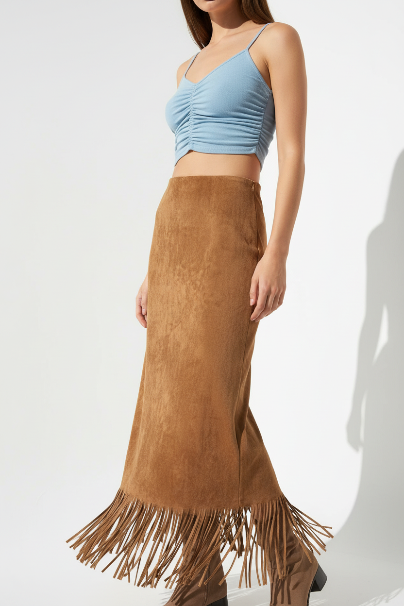 "Jupe midi velours camel avec franges - vue trois-quarts face angle montrant la profondeur et dimension de la jupe velours camel, texture riche visible, franges décoratives marron à l'ourlet, mannequin en crop top bleu ciel froncé, fond blanc studio professionnel BLACK-COAT"