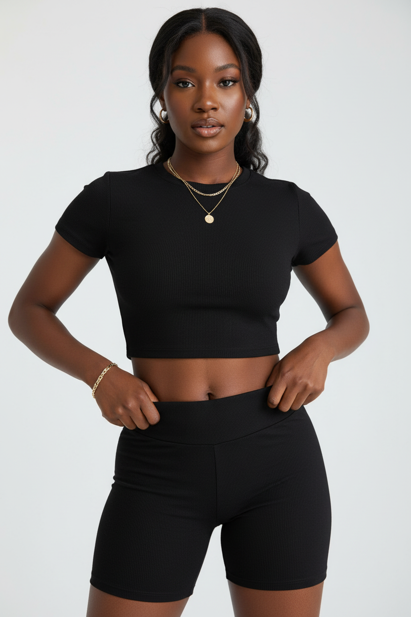 Gros plan détaillé de l'ensemble deux pièces noir - vue rapprochée montrant le détail du crop top col rond avec les fronces latérales qui sculptent la taille, la ceinture taille haute du short assorti, et les finitions premium du tissu polyester extensible - Détail de la construction haut de gamme - Style premium Black-Coat