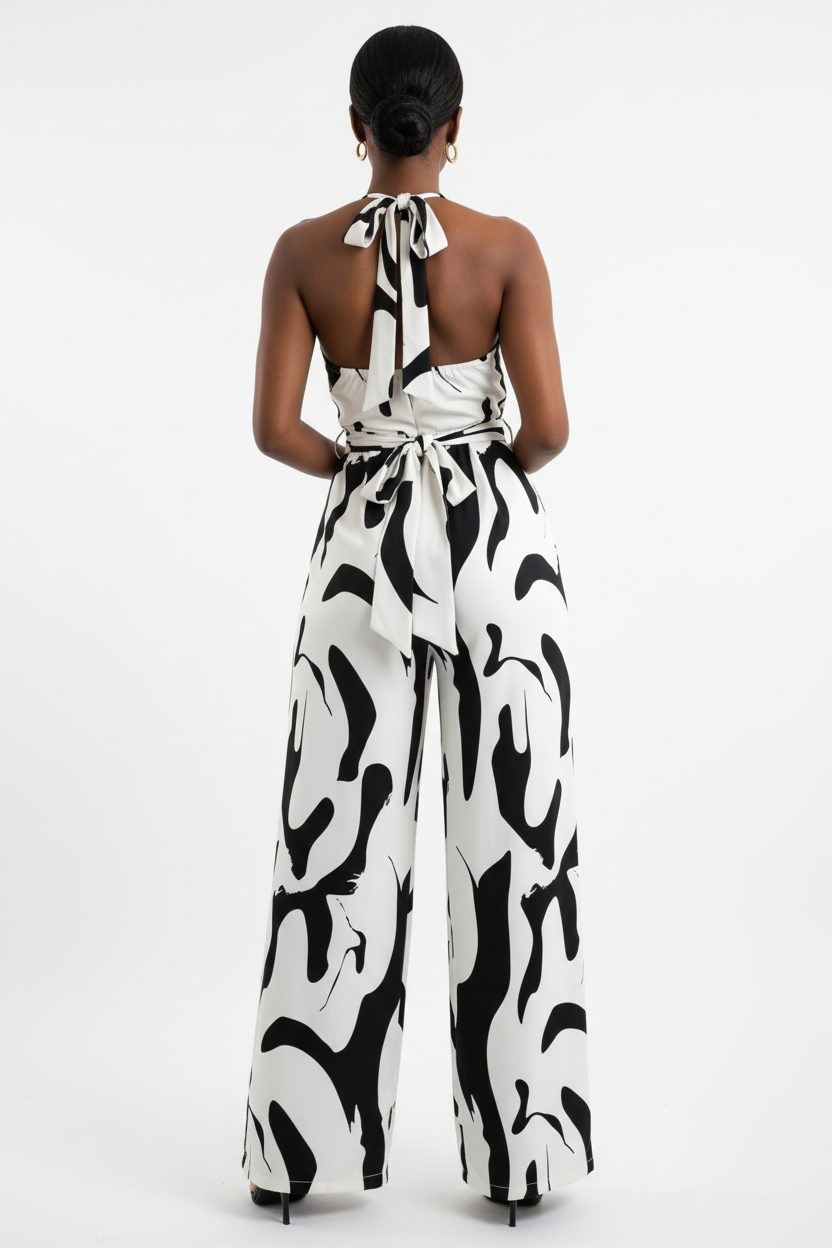 Vue arrière de la combinaison pantalon large noir et blanc - vue de dos révélant le laçage halter élégant dans le dos, la ligne épurée de la silhouette, le pantalon large fluide en polyester, et la continuité harmonieuse de l'imprimé abstrait graphique - Style éditorial sophistiqué - Tendance féminine Black-Coat