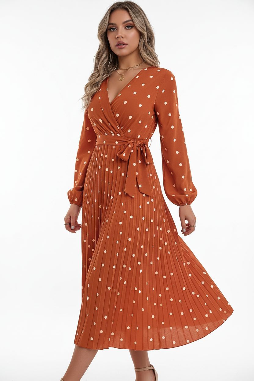 Robe midi à pois terracotta en mouvement - vue latérale capturant le tournoiement de la jupe plissée, illustrant l'amplitude et la fluidité du tissu avec plis permanents - BLACK-COAT