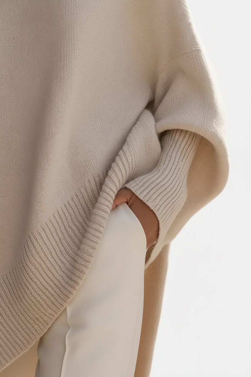 Pull oversize manches chauve-souris col rond beige crème - détail rapproché de l'ourlet côtelé élégant montrant la finition sophistiquée, texture tricot douce, qualité des détails côtelés, artisanat soigné - BLACK-COAT