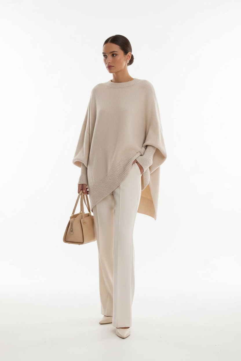  Pull oversize manches chauve-souris col rond beige crème - stylé pour look casual chic montrant l'élégance décontractée confortable, coupe oversize ample, esthétique cosy-chic moderne, polyvalence du vêtement - BLACK-COAT