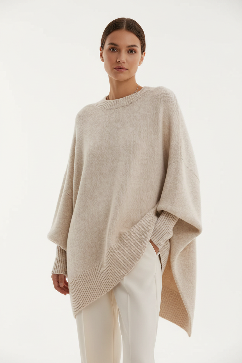 Pull oversize manches chauve-souris col rond beige crème - pose décontractée confortable montrant le confort absolu, coupe oversize tendance, manches chauve-souris dramatiques, style sans effort élégant, esthétique casual-chic moderne - BLACK-COAT