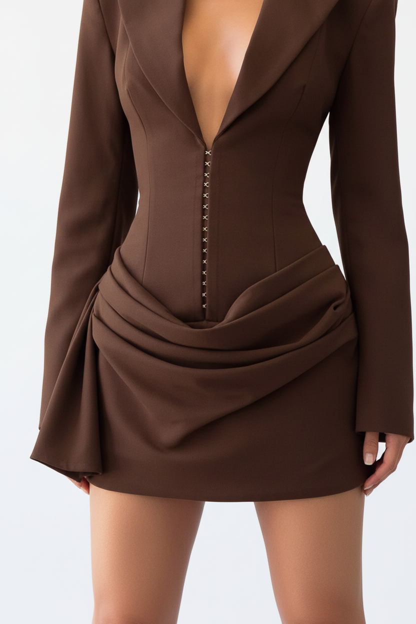  "Robe blazer marron chocolat - gros plan détail jupe mini drapée montrant le drapé asymétrique sophistiqué, fluide du tissu, design moderne sculptural, finition couture soignée, fond blanc studio BLACK-COAT"