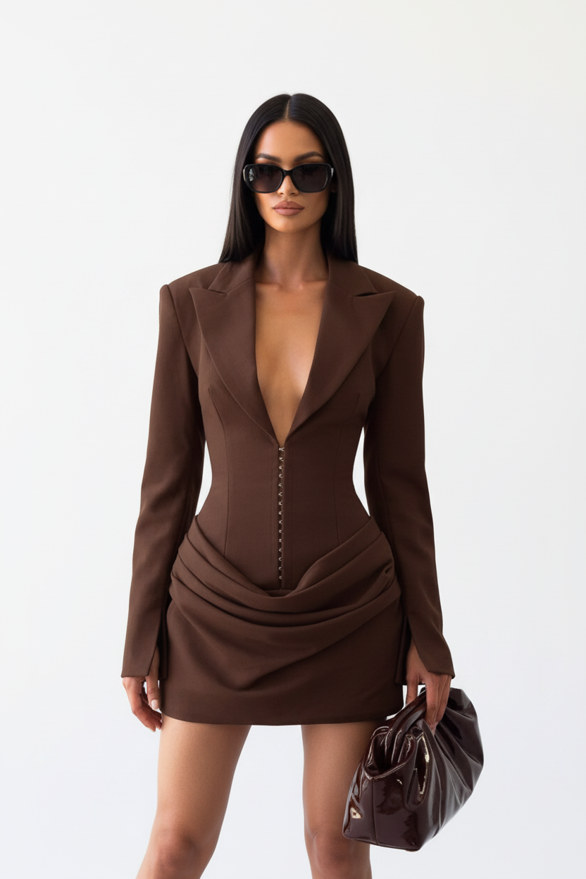 "Robe blazer marron chocolat - vue de face complète montrant col tailleur revers profond décolleté V plongeant, rangée de boutons décoratifs dorés sur le devant, manches longues ajustées, jupe mini drapée sophistiquée, silhouette complète mannequin, fond blanc studio professionnel BLACK-COAT"