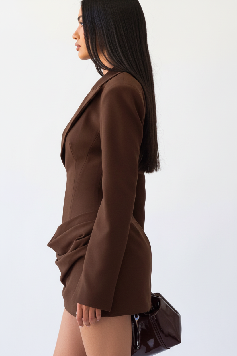 "Robe blazer marron chocolat - vue de profil latéral montrant la silhouette ajustée cintrée, coupe blazer structurée, jupe mini drapée asymétrique, manches longues, fond blanc studio BLACK-COAT"