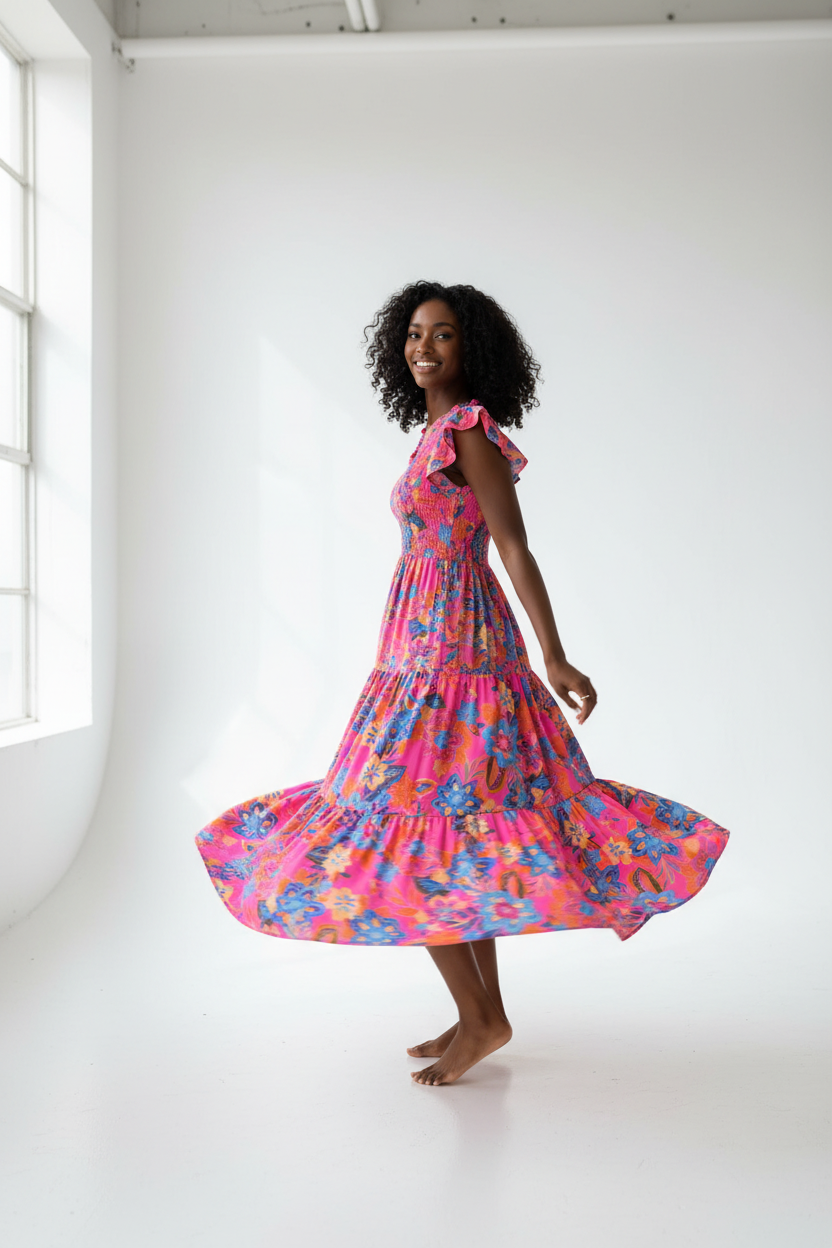 Robe Bohème Imprimé Floral Black-Coat rose vif en mouvement - capture dynamique montrant la jupe étagée et l'imprimé floral