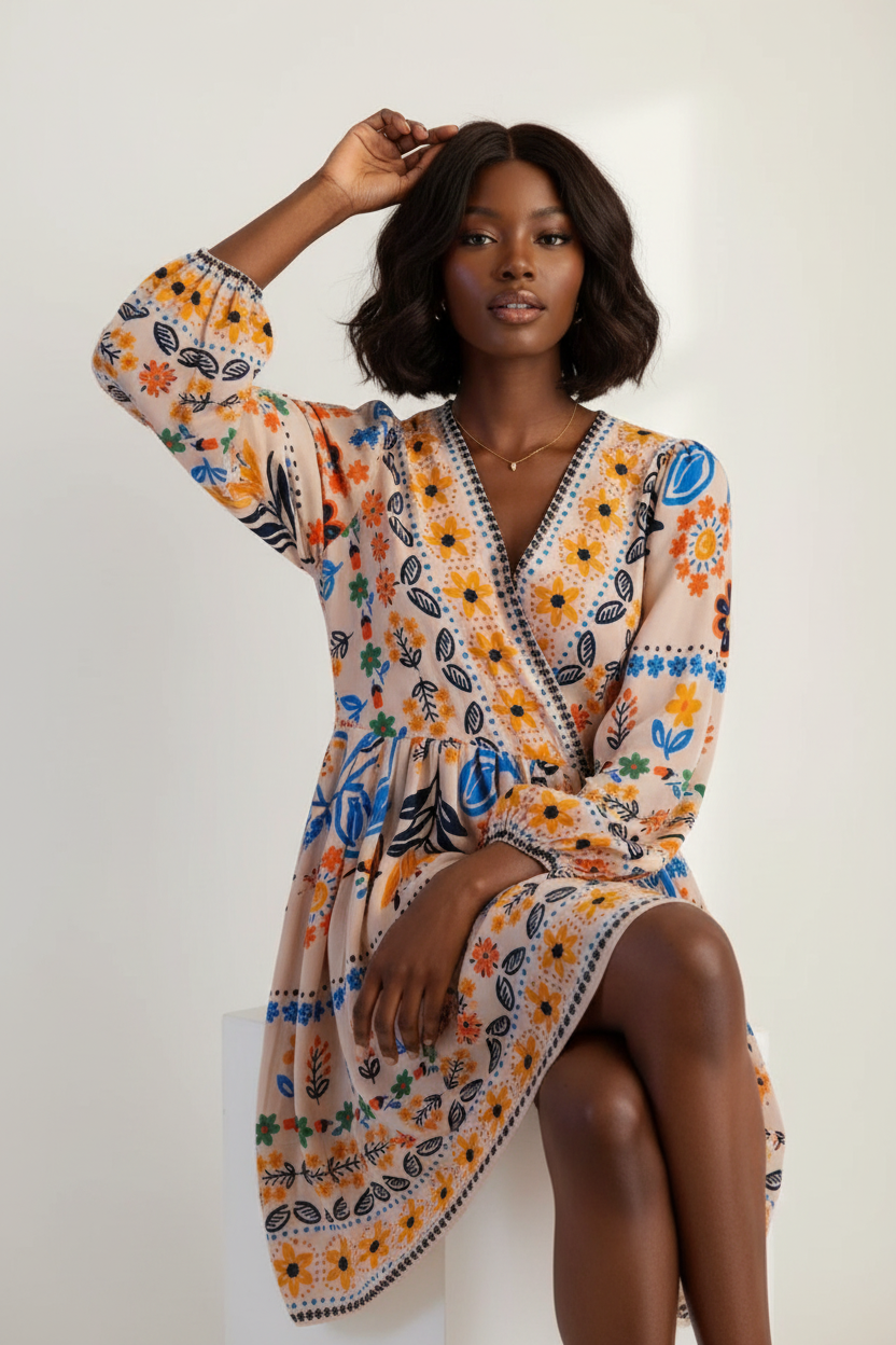  Robe Bohème Imprimé Floral Black-Coat apricot beige - pose assise montrant le drapé élégant et le confort