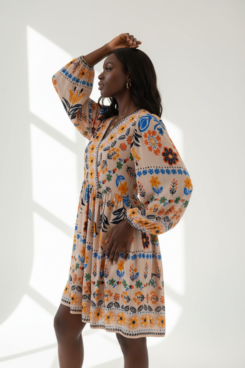  Robe Bohème Imprimé Floral Black-Coat apricot beige - vue de profil dévoilant la silhouette bohème et les manches longues
