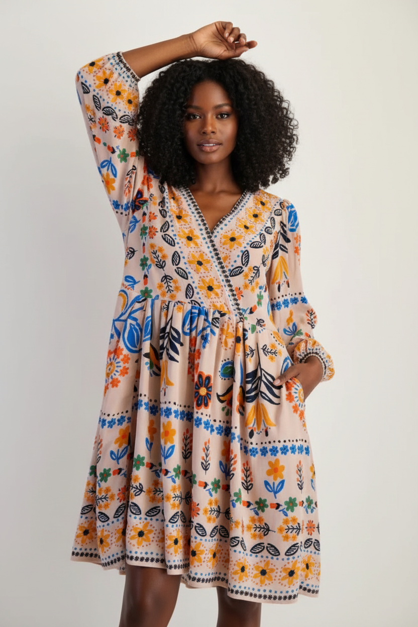  Mannequin portant la Robe Bohème Imprimé Floral Black-Coat apricot beige - vue de face montrant le décolleté en V et l'imprimé floral multicolore avec poches