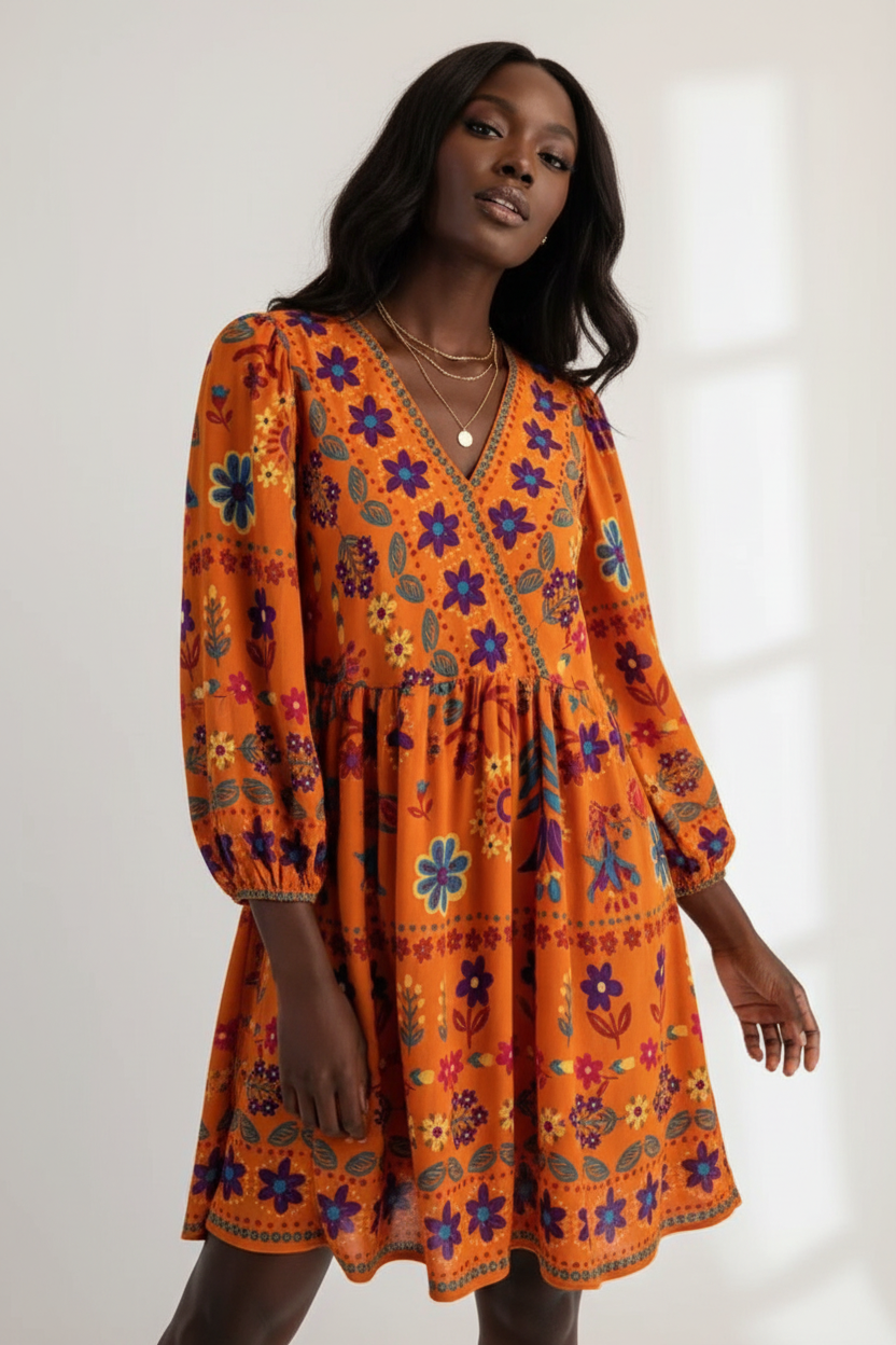  Détail du décolleté en V et de l'imprimé floral de la Robe Bohème Black-Coat orange - montrant la finition premium