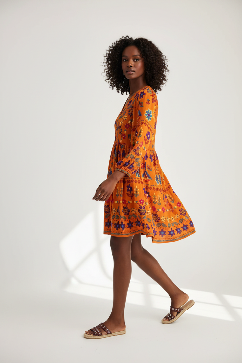  Robe Bohème Imprimé Floral Black-Coat orange - vue trois-quarts en mouvement révélant la silhouette fluide et l'imprimé bohème