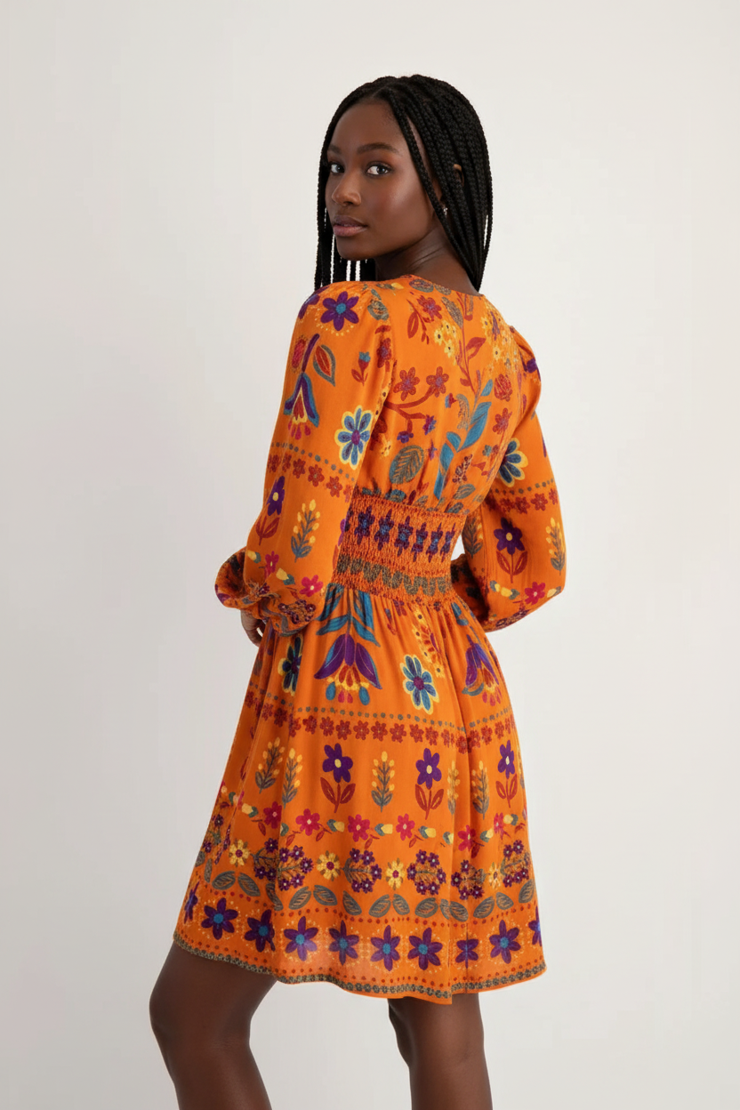  Détails dos de la Robe Bohème Imprimé Floral Black-Coat orange - montrant la taille froncée et la longueur mini élégante