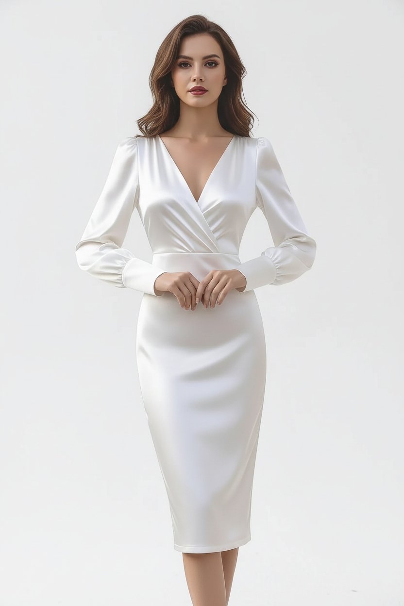 Robe cache-cœur manches longues blanc ivoire satin - stylée pour look professionnel bureau montrant la polyvalence du vêtement, élégance sophistiquée, confiance et féminité, tenue de travail chic - BLACK-COAT