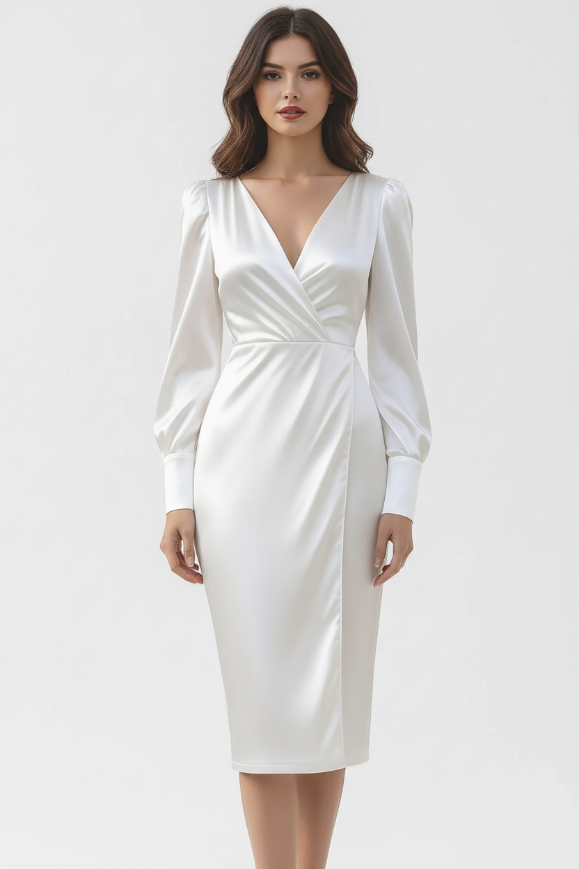 Robe cache-cœur manches longues blanc ivoire satin - vue de face montrant l'encolure cache-cœur flatteuse en V, manches longues élégantes, taille définie sculptant la silhouette, longueur genou, tissu satin fluide luxueux, élégance féminine intemporelle - BLACK-COAT
