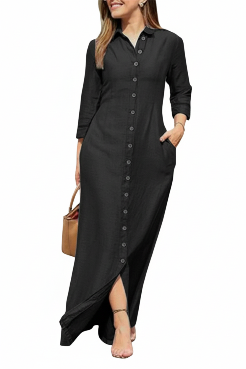 Robe chemise noire longue avec boutonnage frontal, col classique et manches trois-quarts - vue trois-quarts présentant les proportions et le style intemporel - BLACK-COAT