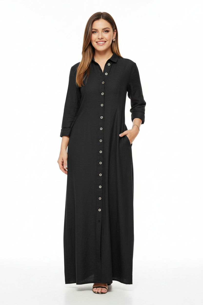  Robe chemise noire longue avec boutonnage frontal, col classique, manches trois-quarts et poches latérales - vue de face montrant la silhouette complète et la coupe élégante - BLACK-COAT