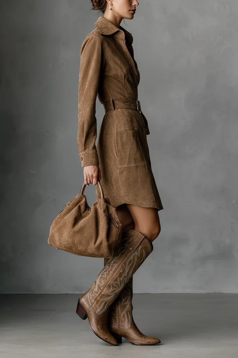 Vue de profil : Robe chemise manches longues avec ceinture - vue de profil révélant le tombé élégant du tissu, la longueur flatteuse et la coupe sophistiquée décontractée - BLACK-COAT