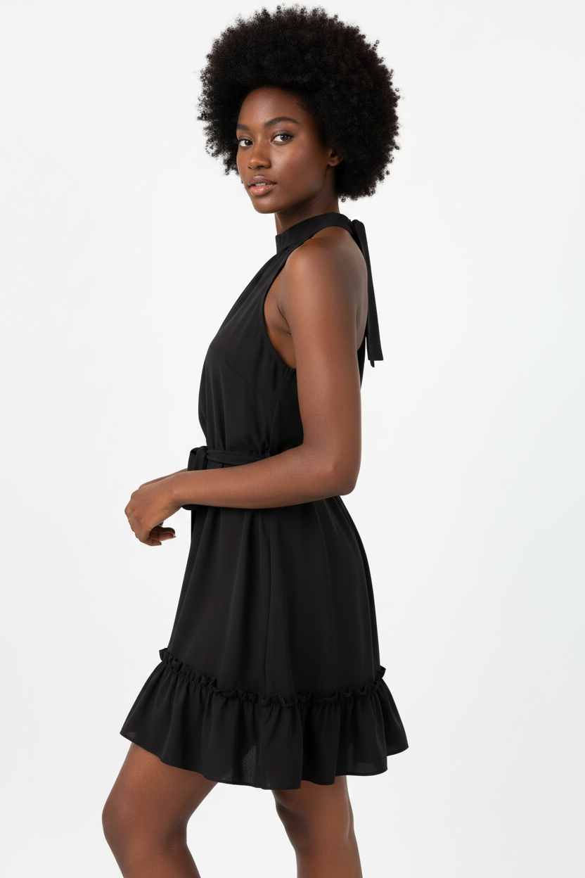  Robe Col Halter Ourlet Volants Black-Coat noire - vue de profil dévoilant la silhouette A-line flatteuse