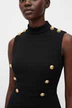Robe mini col montant Black-Coat avec détails dorés - gros plan détaillé sur le col montant sophistiqué et les boutons dorés décoratifs porté par une mannequin sur fond blanc studio, révélant la qualité de finition, le col montant structuré, les boutons dorés texturés et la poche plaquée avec détails soignés
