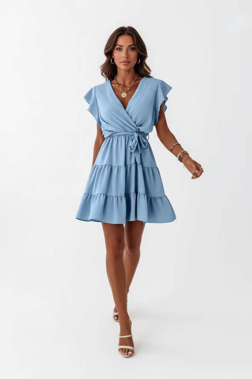 Robe mini étagée manches volantées bleu clair avec ceinture à nouer - mannequin marchant avec confiance en mouvement montrant comment la robe bouge naturellement à chaque pas, volants étagés fluides gracieux, manches volantées créant mouvement, ceinture à la taille, style polyvalent féminin élégant - BLACK-COAT
