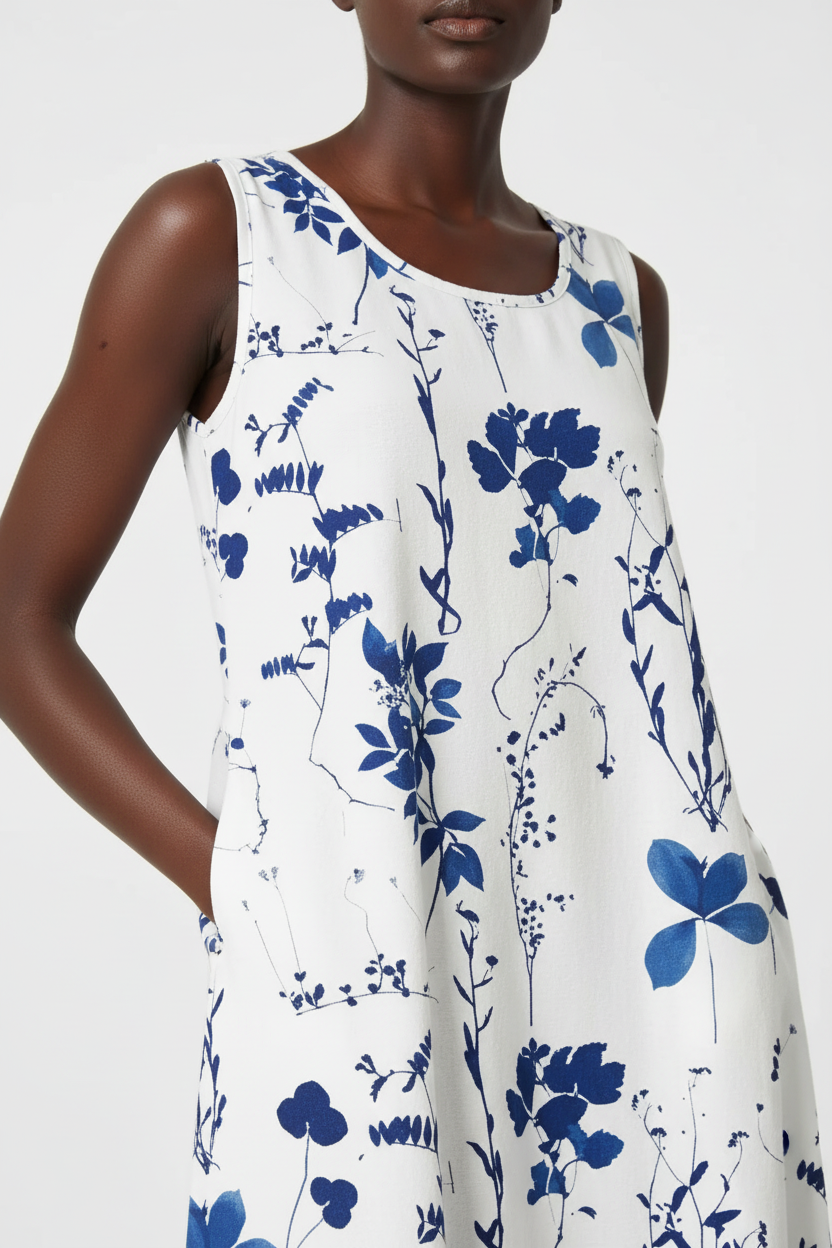 Robe midi imprimé floral bleu Black-Coat - détail rapproché du décolleté rond et des poches latérales fonctionnelles