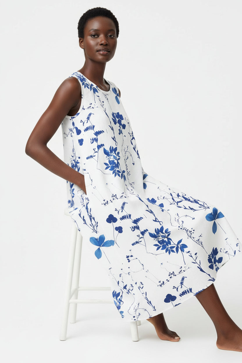  Robe midi imprimé floral bleu Black-Coat - vue assise démontrant le confort et le drapé naturel du tissu 