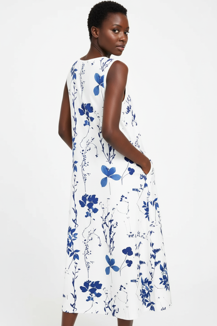  Robe midi imprimé floral bleu Black-Coat - vue de dos dévoilant la coupe sans manches et le motif floral continu