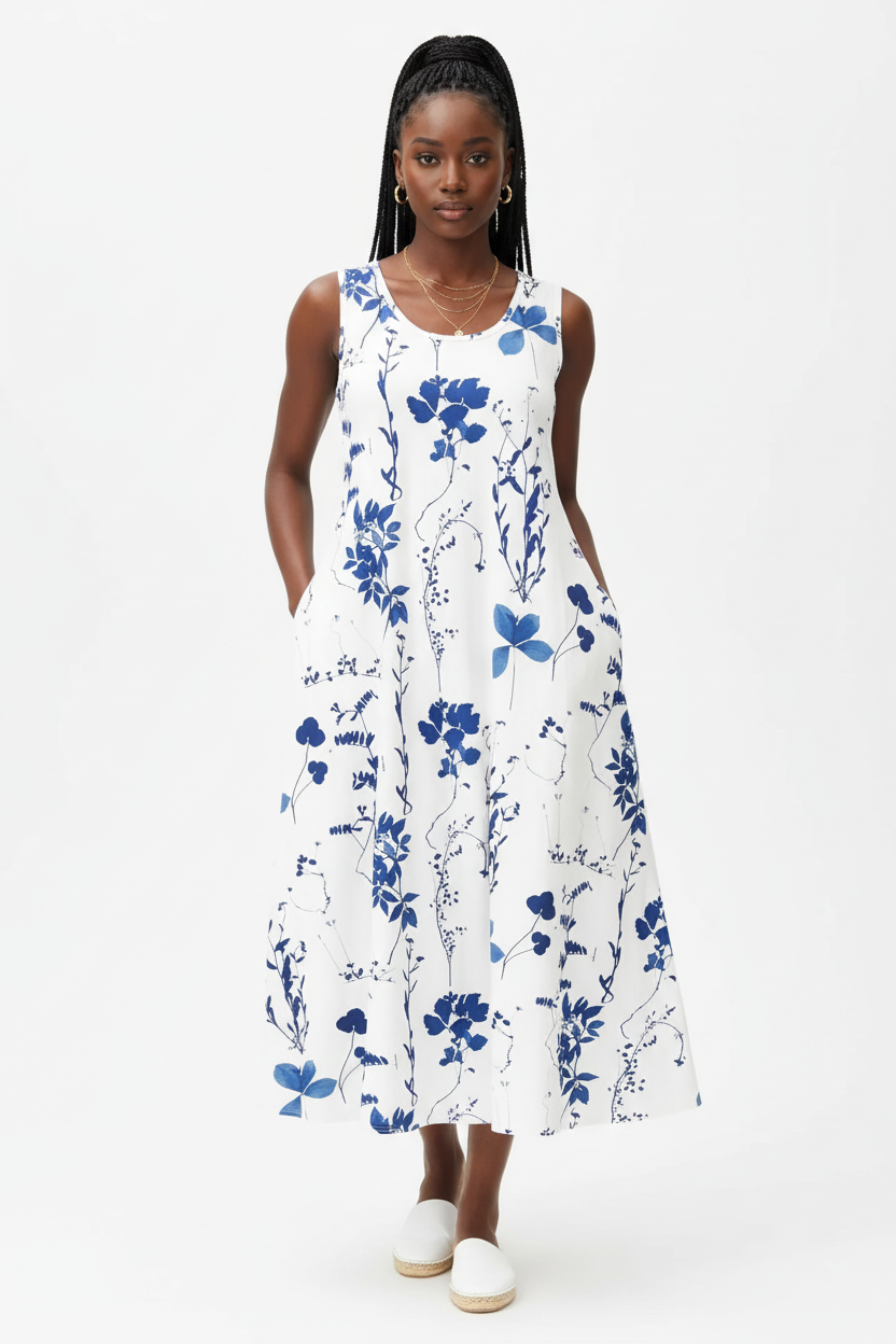 Robe midi imprimé floral bleu Black-Coat - vue de face montrant le motif botanique sur fond blanc et les poches pratiques 