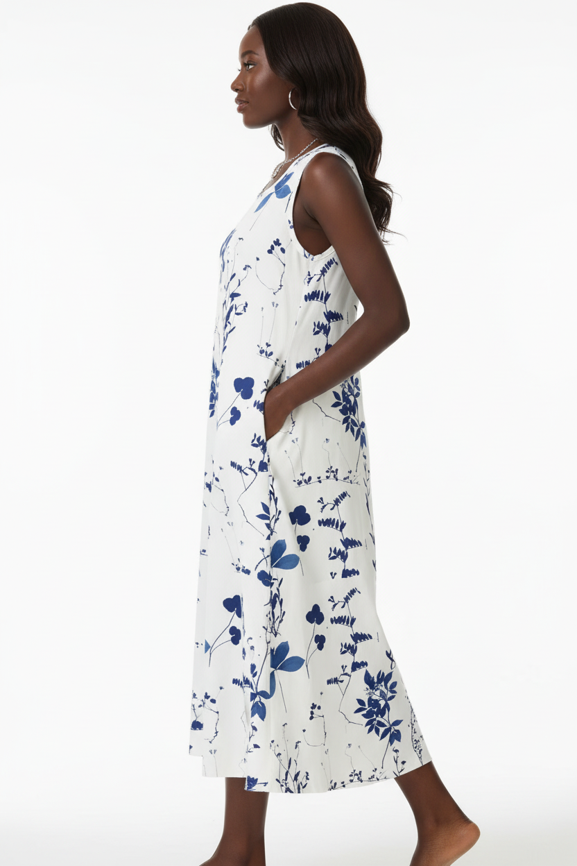 Robe midi imprimé floral bleu Black-Coat - vue de profil révélant la silhouette fluide sans manches et le tombé élégant