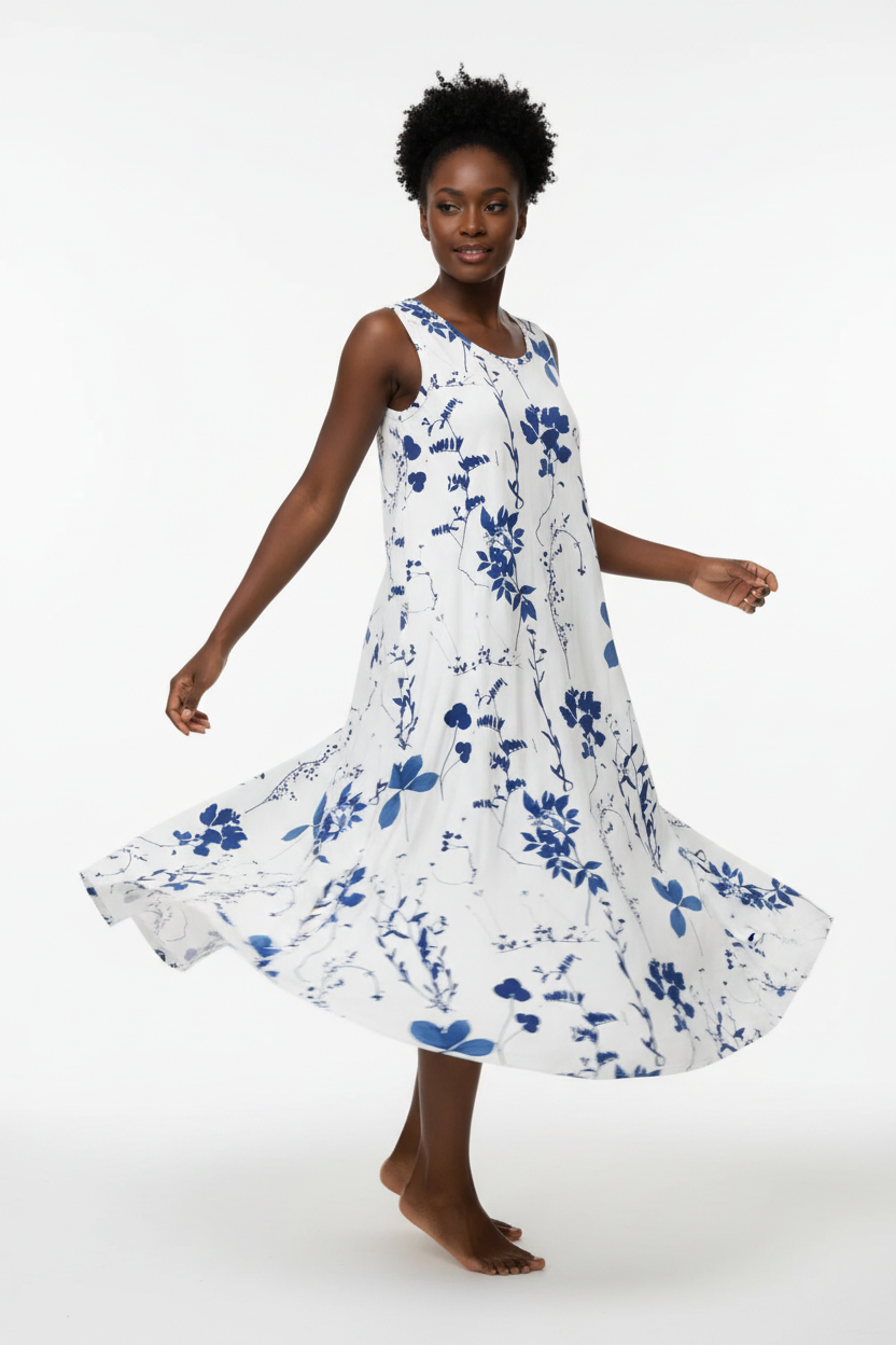 Robe midi imprimé floral bleu Black-Coat - vue trois-quarts en mouvement illustrant la fluidité du tissu polyester-spandex