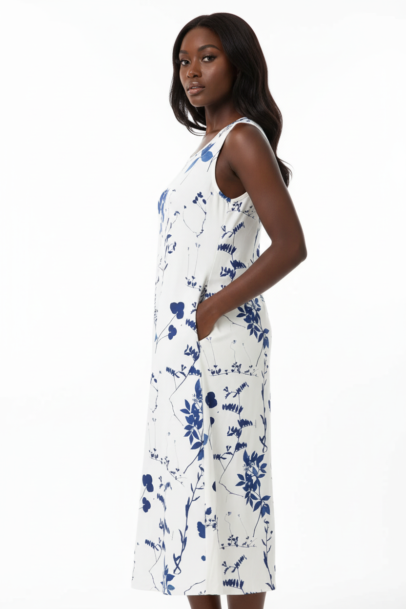 Robe midi imprimé floral bleu Black-Coat - vue latérale complète montrant la coupe droite et la ligne épurée »