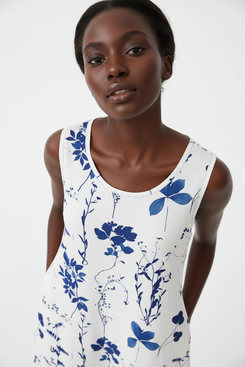  Robe midi imprimé floral bleu Black-Coat - vue plongée sur le décolleté révélant les détails du motif botanique bleu 