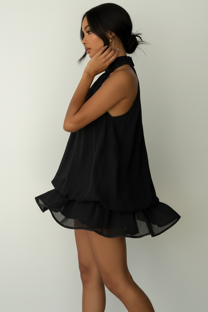 Robe mini halter Black-Coat noire avec double étage de volants - profil latéral complet d'une mannequin en mouvement gracieux sur fond blanc studio, soulignant la silhouette élancée créée par la coupe halter, le contraste entre le haut ajusté et la jupe volantée, et l'élégance intemporelle du noir profond
